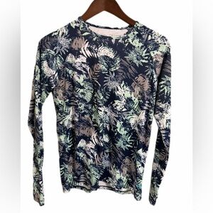 Reel Legends Blue Tropical Print Long Sleeve Athletic Rash Guard Top Size S